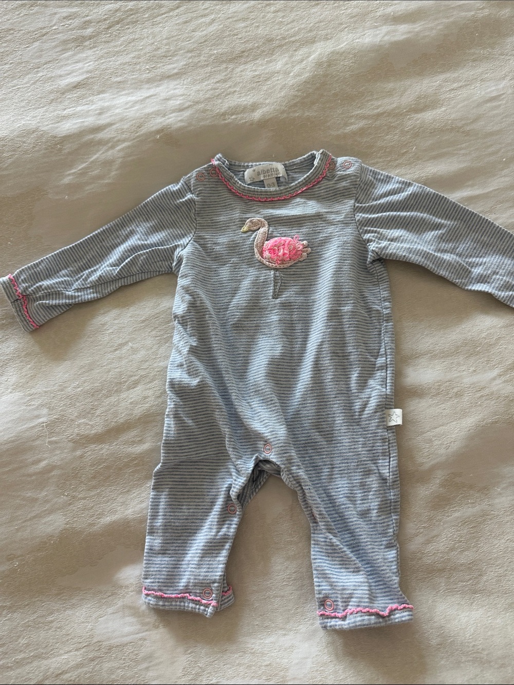 Alberta Striped Baby Footie with Pink Flamingo Applique